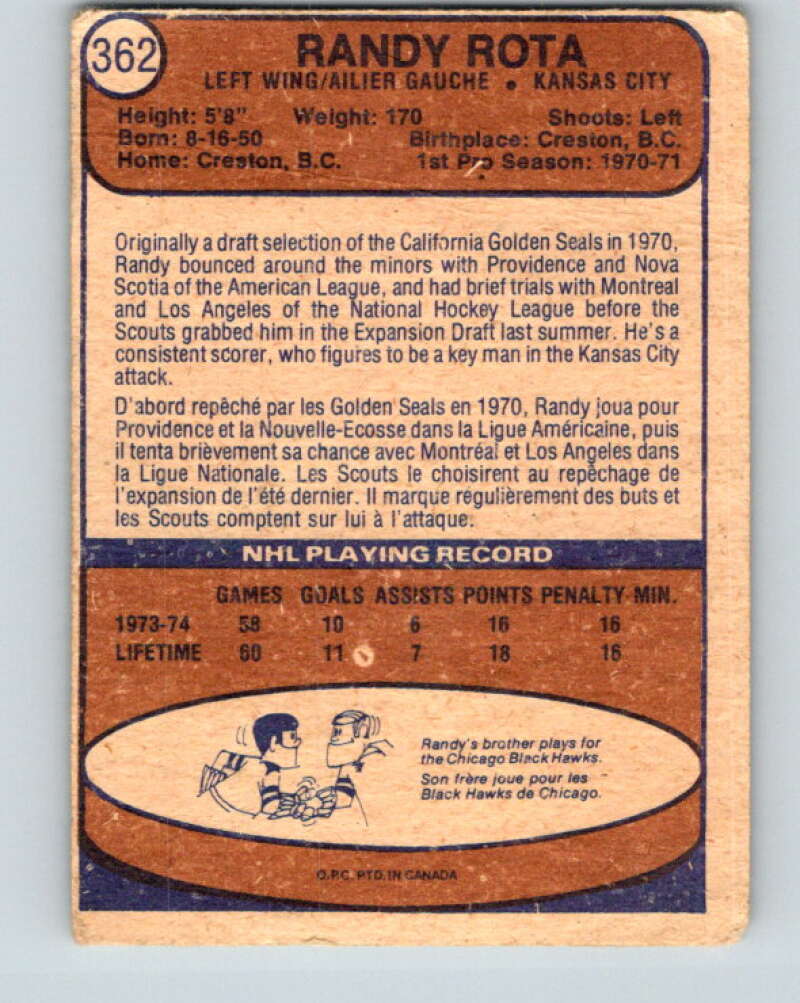 1974-75 O-Pee-Chee #362 Randy Rota RC Rookie Kansas City Scouts V5070