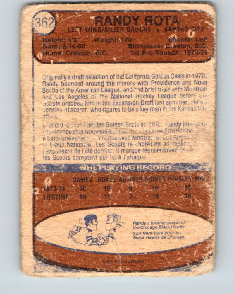 1974-75 O-Pee-Chee #362 Randy Rota RC Rookie Kansas City Scouts V5071