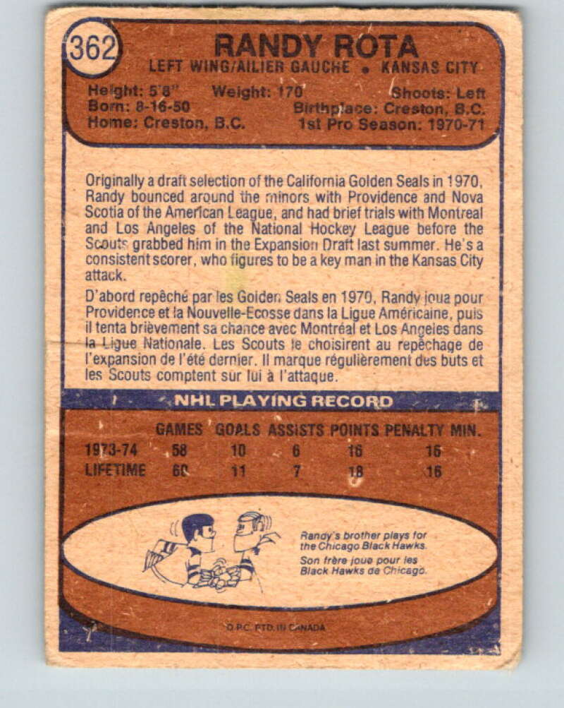 1974-75 O-Pee-Chee #362 Randy Rota RC Rookie Kansas City Scouts V5072