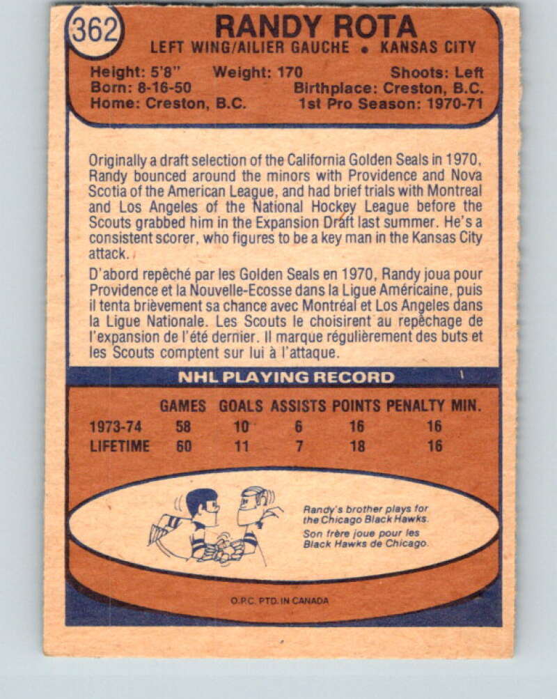 1974-75 O-Pee-Chee #362 Randy Rota RC Rookie Kansas City Scouts V5073