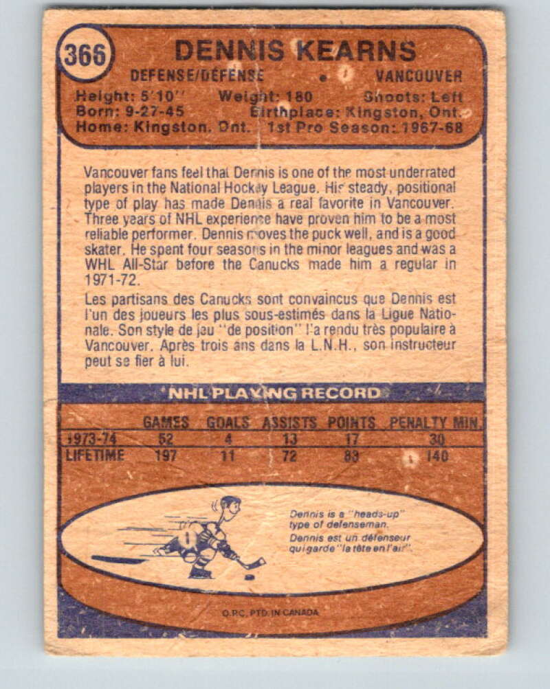 1974-75 O-Pee-Chee #366 Dennis Kearns Vancouver Canucks V5081
