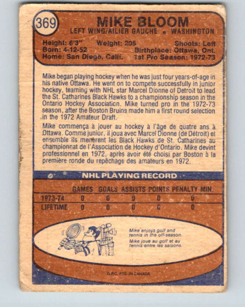 1974-75 O-Pee-Chee #369 Mike Bloom RC Rookie Washington Capitals V5084