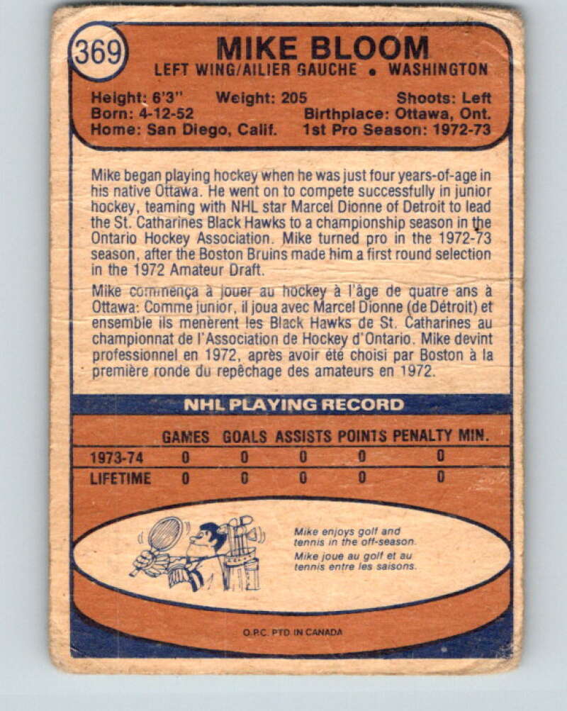 1974-75 O-Pee-Chee #369 Mike Bloom RC Rookie Washington Capitals V5085