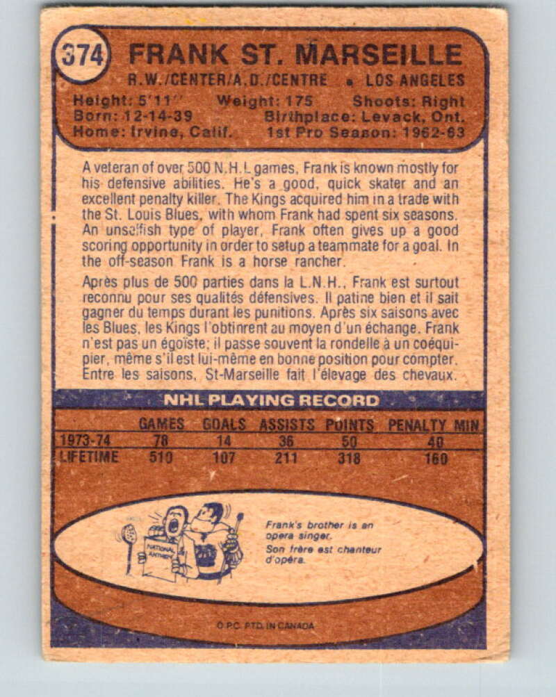 1974-75 O-Pee-Chee #374 Frank St. Marseille Los Angeles Kings V5095