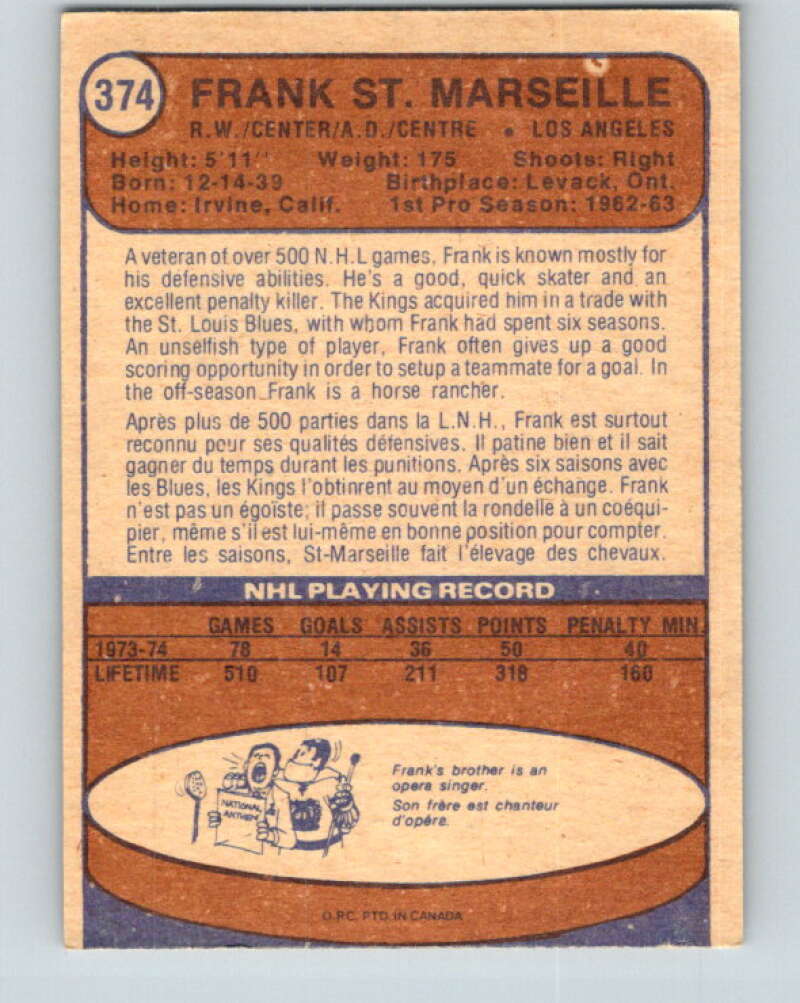 1974-75 O-Pee-Chee #374 Frank St. Marseille Los Angeles Kings V5096
