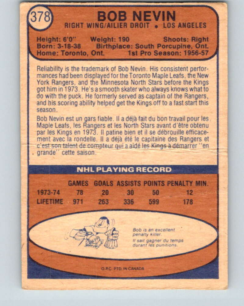 1974-75 O-Pee-Chee #378 Bob Nevin Los Angeles Kings V5100