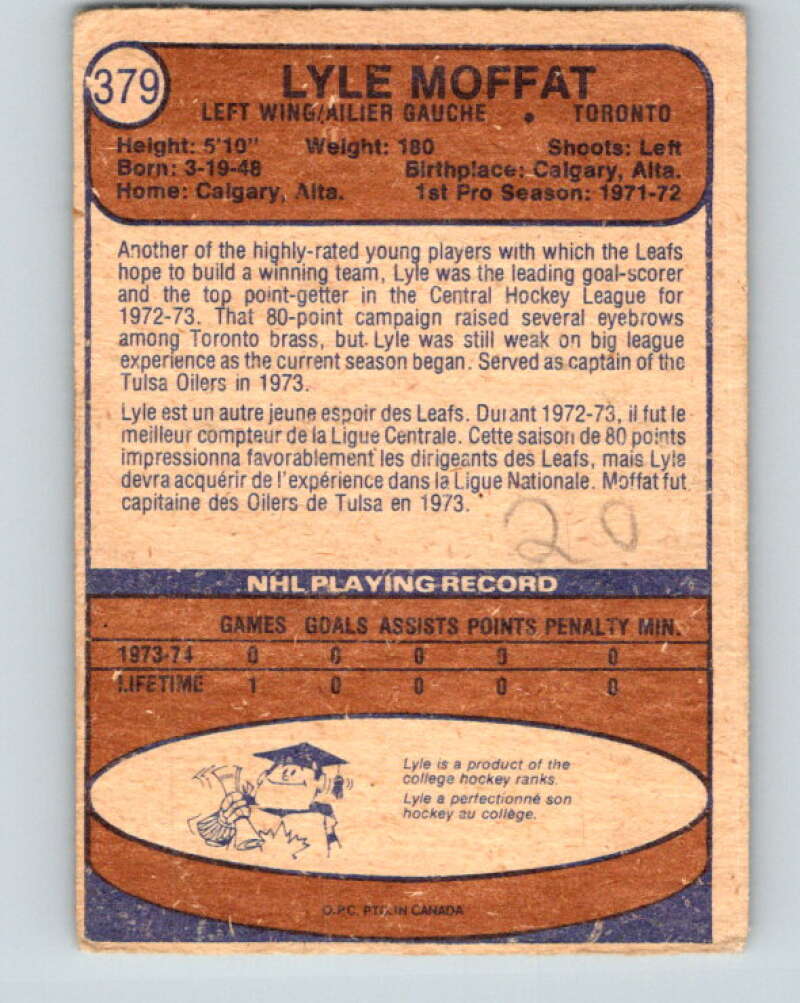1974-75 O-Pee-Chee #379 Lyle Moffat RC Rookie Toronto Maple Leafs V5101