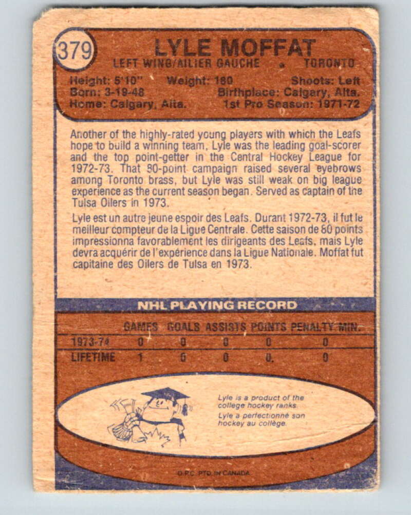 1974-75 O-Pee-Chee #379 Lyle Moffat RC Rookie Toronto Maple Leafs V5102