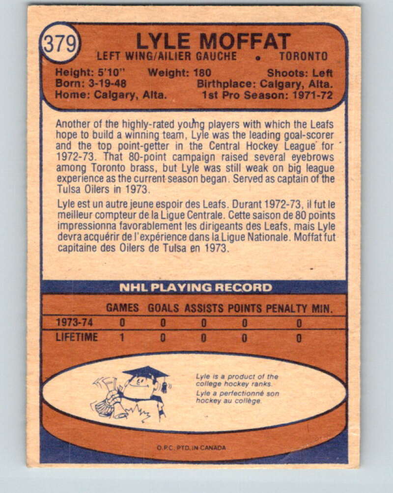 1974-75 O-Pee-Chee #379 Lyle Moffat RC Rookie Toronto Maple Leafs V5103