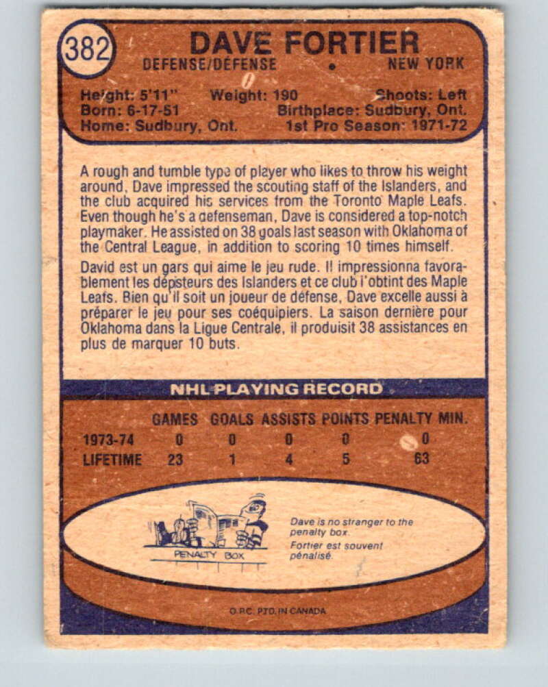 1974-75 O-Pee-Chee #382 Dave Fortier RC Rookie New York Islanders V5106