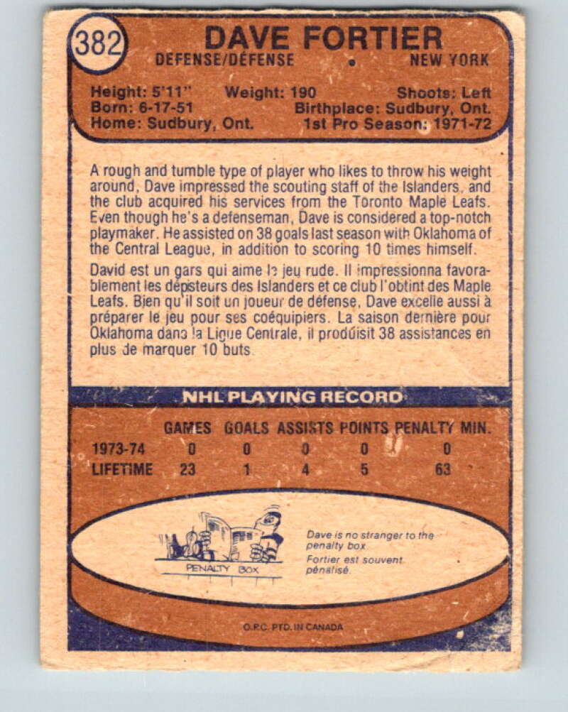 1974-75 O-Pee-Chee #382 Dave Fortier RC Rookie New York Islanders V5107