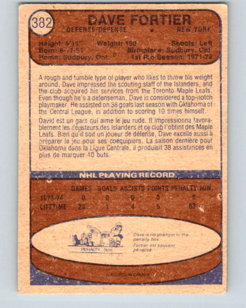 1974-75 O-Pee-Chee #382 Dave Fortier RC Rookie New York Islanders V5108