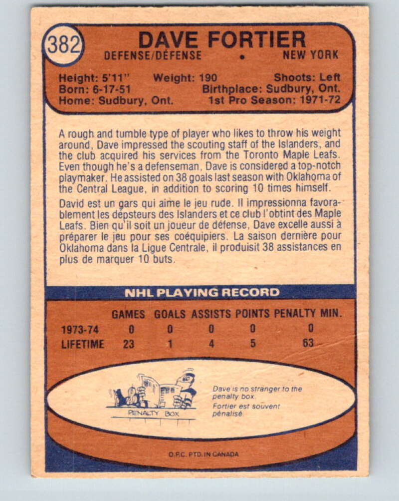 1974-75 O-Pee-Chee #382 Dave Fortier RC Rookie New York Islanders V5109