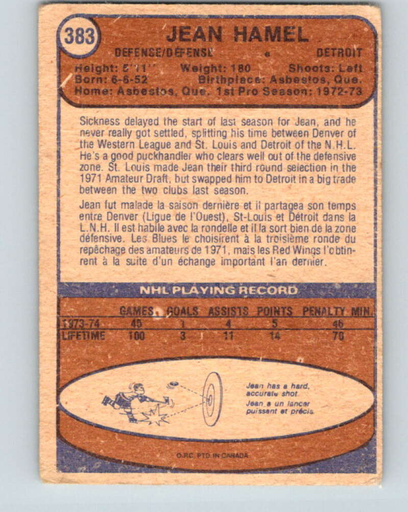 1974-75 O-Pee-Chee #383 Jean Hamel RC Rookie Detroit Red Wings V5110