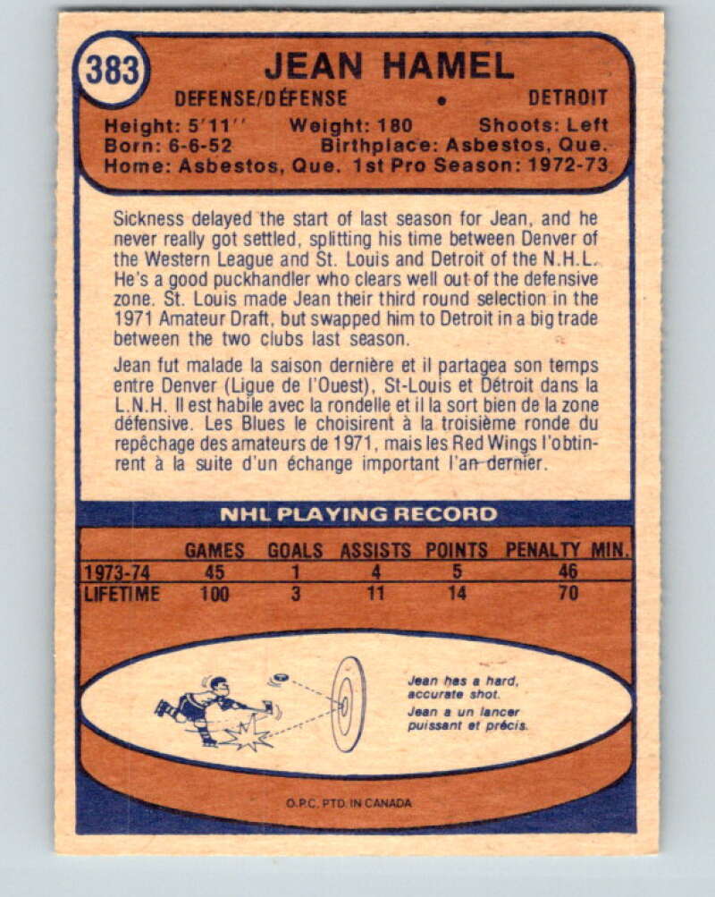 1974-75 O-Pee-Chee #383 Jean Hamel RC Rookie Detroit Red Wings V5111