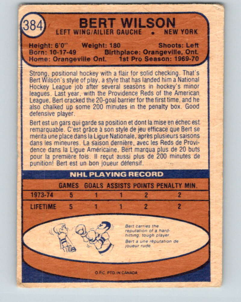1974-75 O-Pee-Chee #384 Bert Wilson RC Rookie New York Rangers V5112