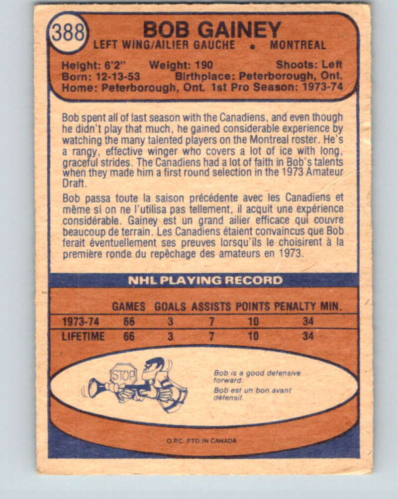 1974-75 O-Pee-Chee #388 Bob Gainey RC Rookie Montreal Canadiens V5116