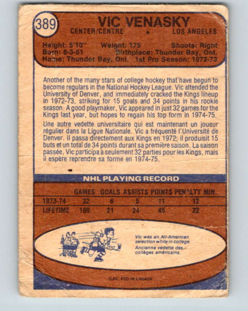 1974-75 O-Pee-Chee #389 Vic Venasky RC Rookie Los Angeles Kings V5117
