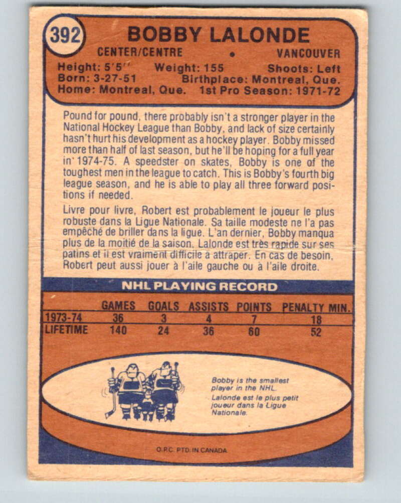 1974-75 O-Pee-Chee #392 Bobby Lalonde Vancouver Canucks V5121