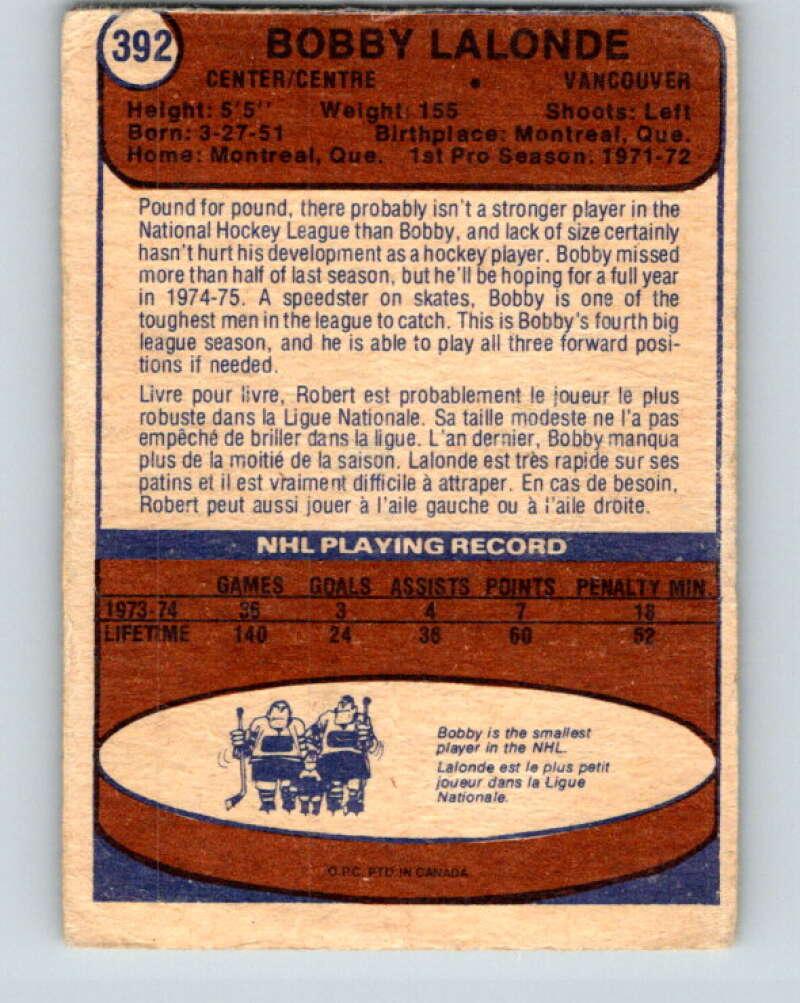 1974-75 O-Pee-Chee #392 Bobby Lalonde Vancouver Canucks V5122