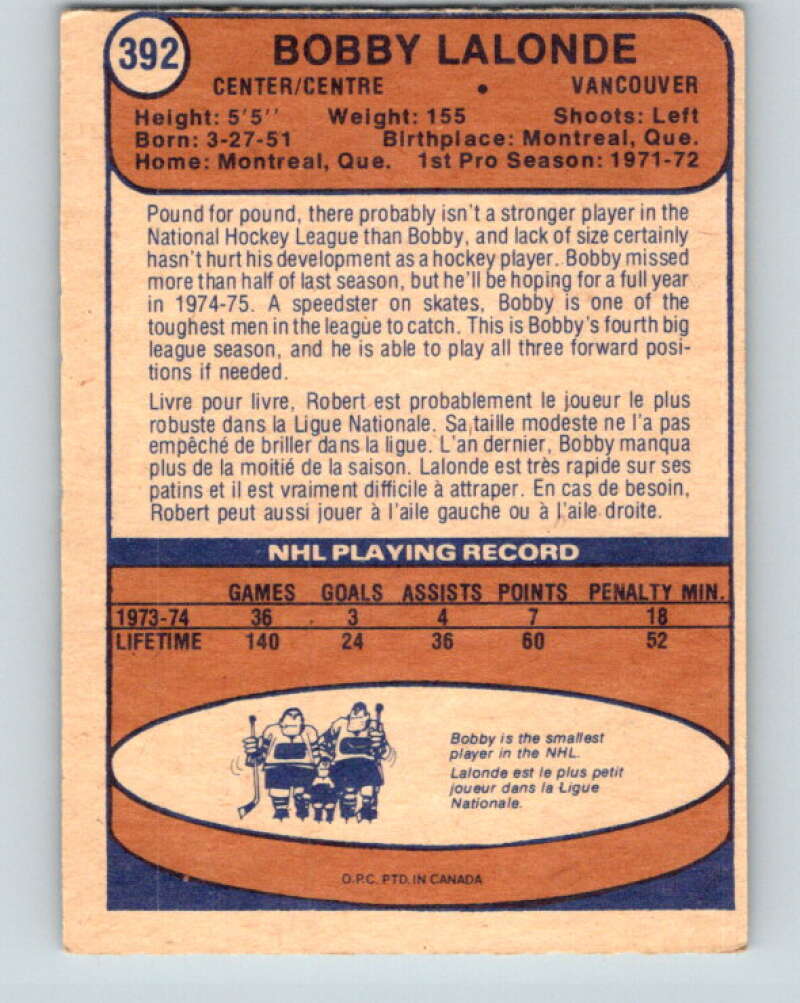 1974-75 O-Pee-Chee #392 Bobby Lalonde Vancouver Canucks V5123
