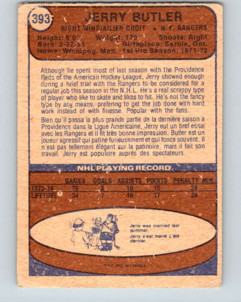 1974-75 O-Pee-Chee #393 Jerry Butler RC Rookie New York Rangers V5124