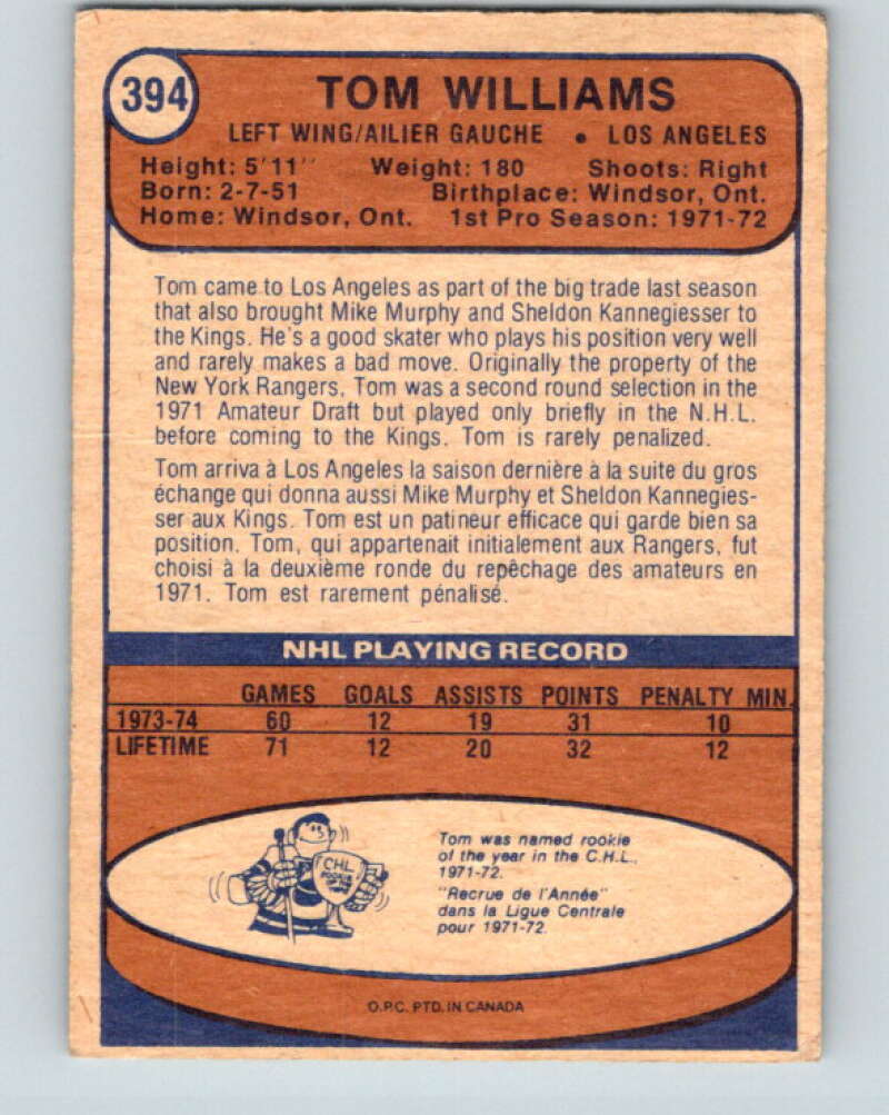 1974-75 O-Pee-Chee #394 Tom Williams RC Rookie Los Angeles Kings V5125