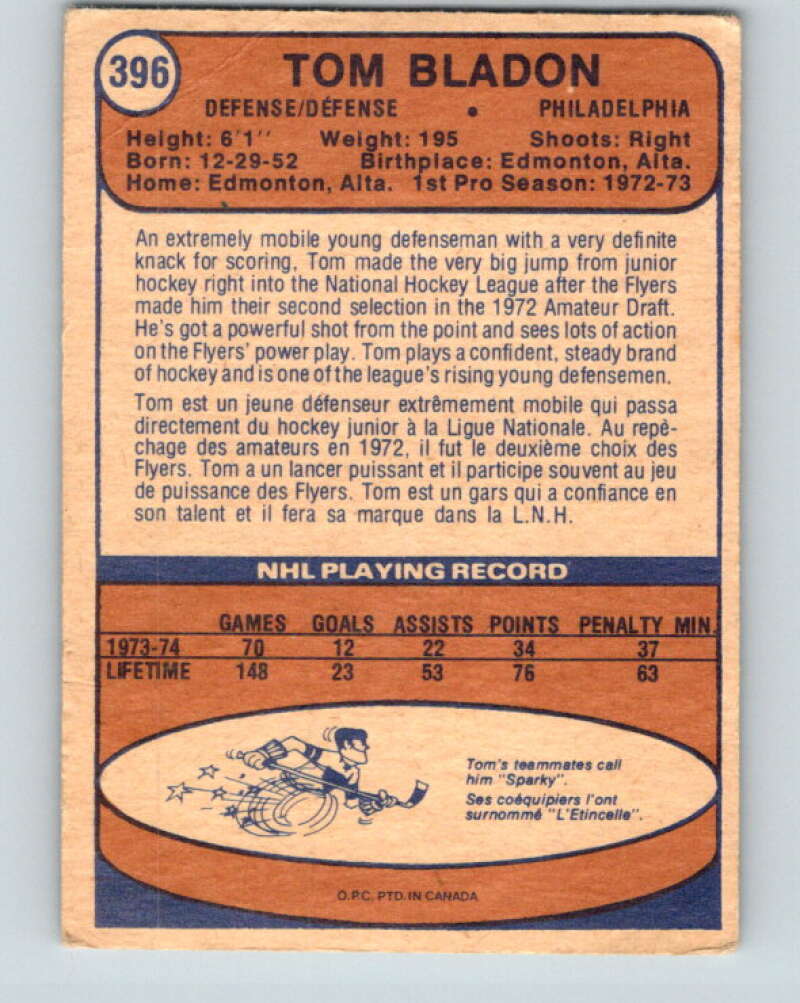 1974-75 O-Pee-Chee #396 Tom Bladon RC Rookie Philadelphia Flyers V5128