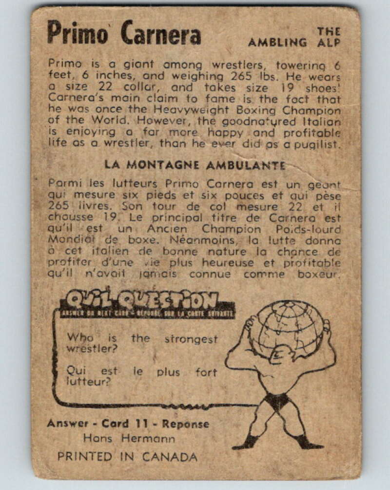 1954 Parkhurst #12 Primo Carnera Wrestling Vintage Sports Card V5137