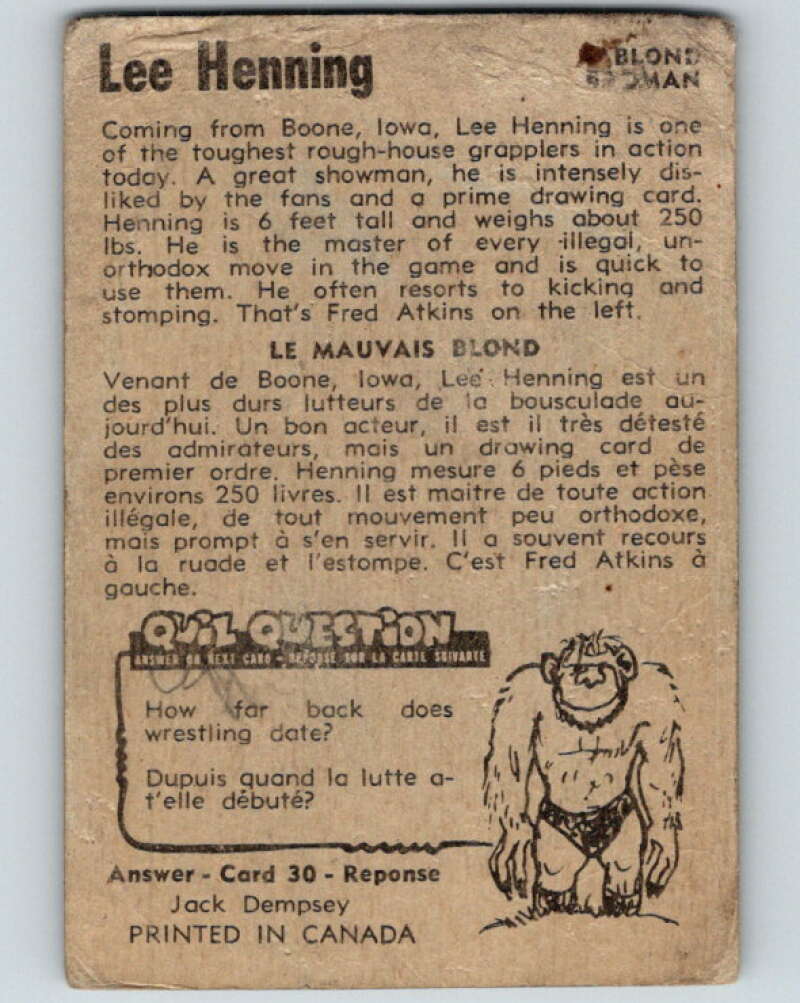 1954 Parkhurst #31 Lee Henning Wrestling Vintage Sports Card V5154