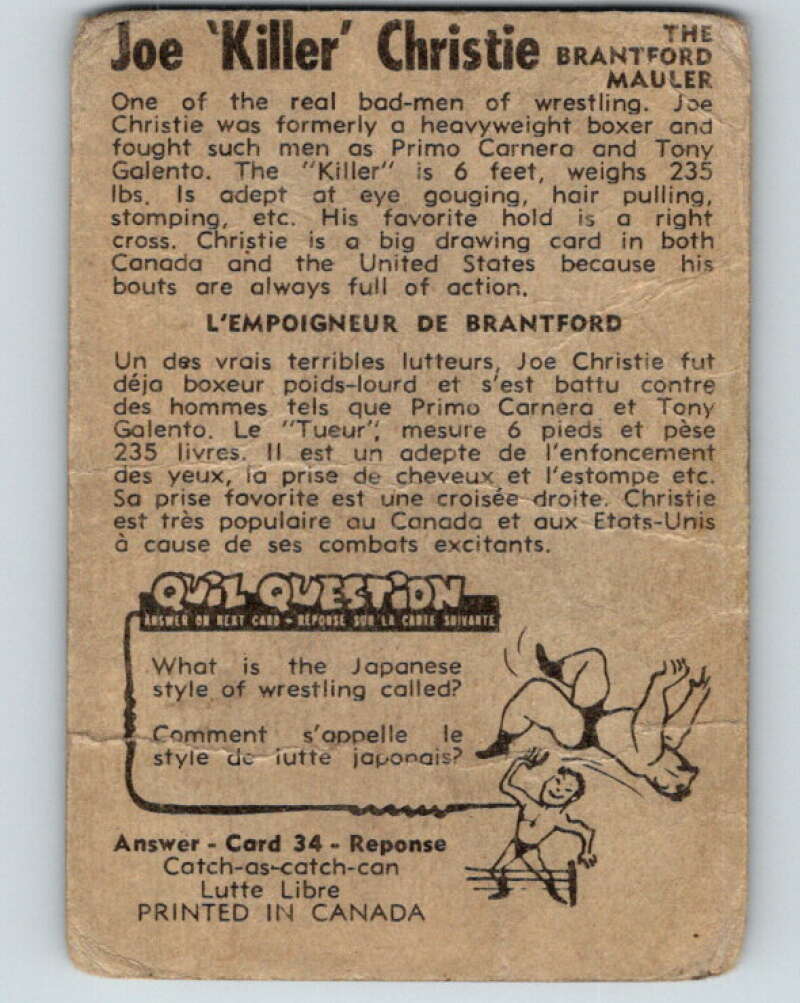 1954 Parkhurst #35 Joe 'Killer' Christie Wrestling Vintage Sports Card V5156