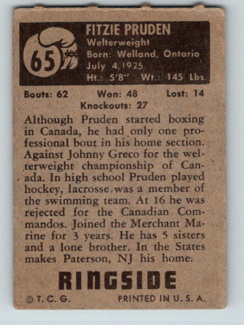 1951 Topps Ringside #65 Fitzie Pruden Welterweight Vintage Boxing V5167
