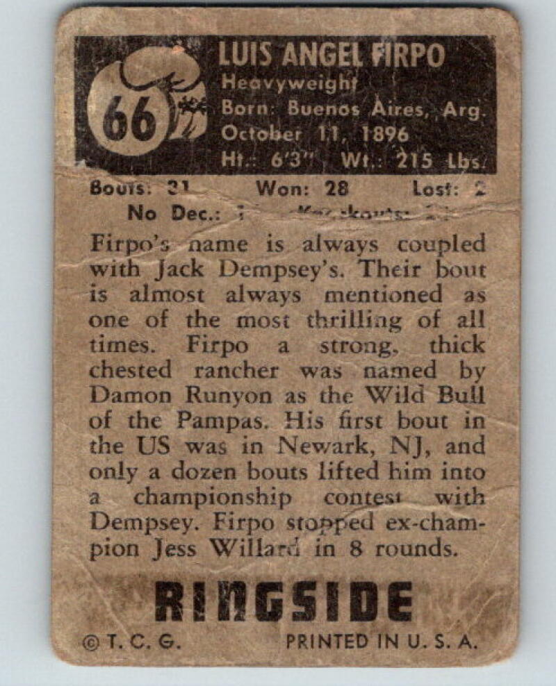 1951 Topps Ringside #66 Luis Firpo Heavyweight Vintage Boxing V5168