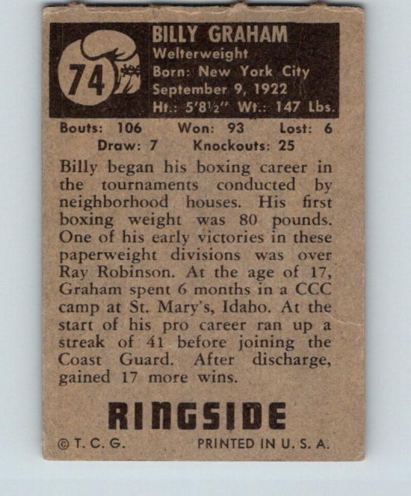 1951 Topps Ringside #74 Billy Graham Welterweight Vintage Boxing V5169