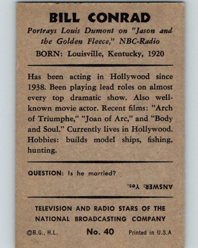 1953 Bowman Television and Radio Stars of the NBC #40 Bill Conrad V5177