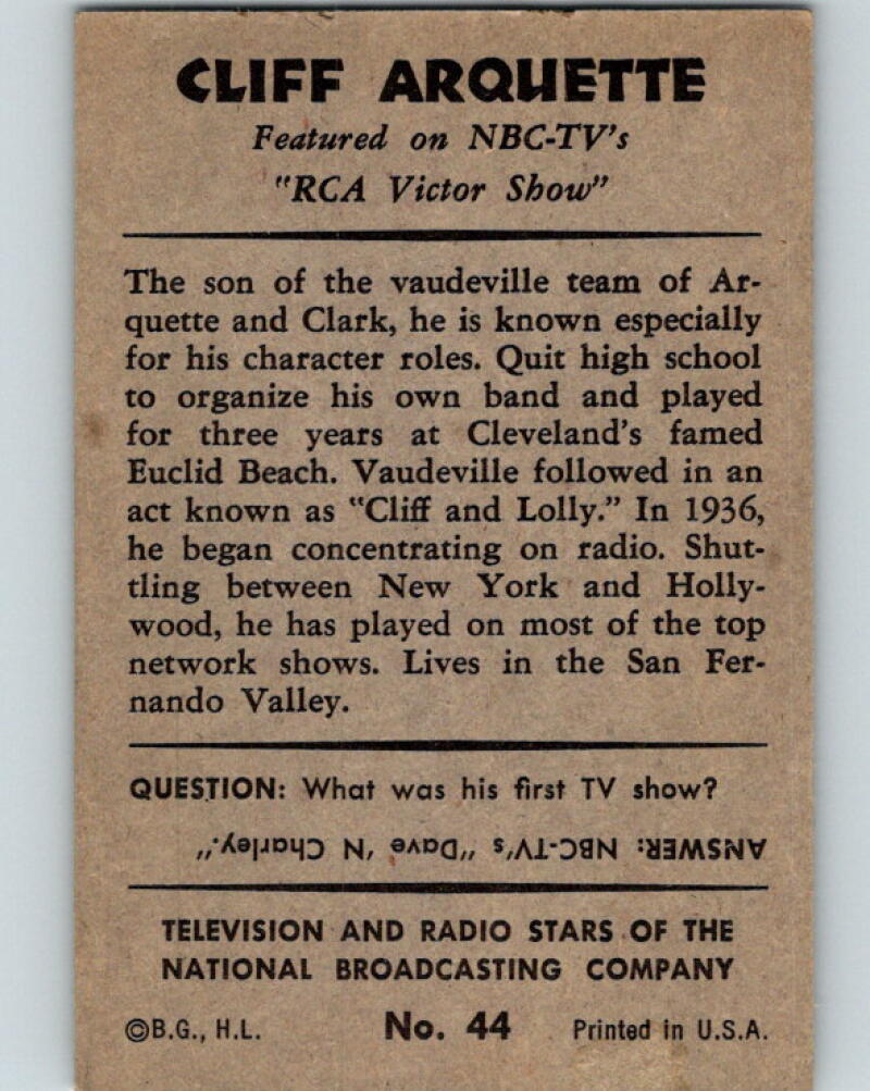 1953 Bowman Television and Radio Stars of the NBC #44 Cliff Arquette V5178
