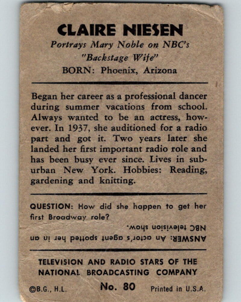 1953 Bowman Television and Radio Stars of the NBC #80 Claire Niesen V5181