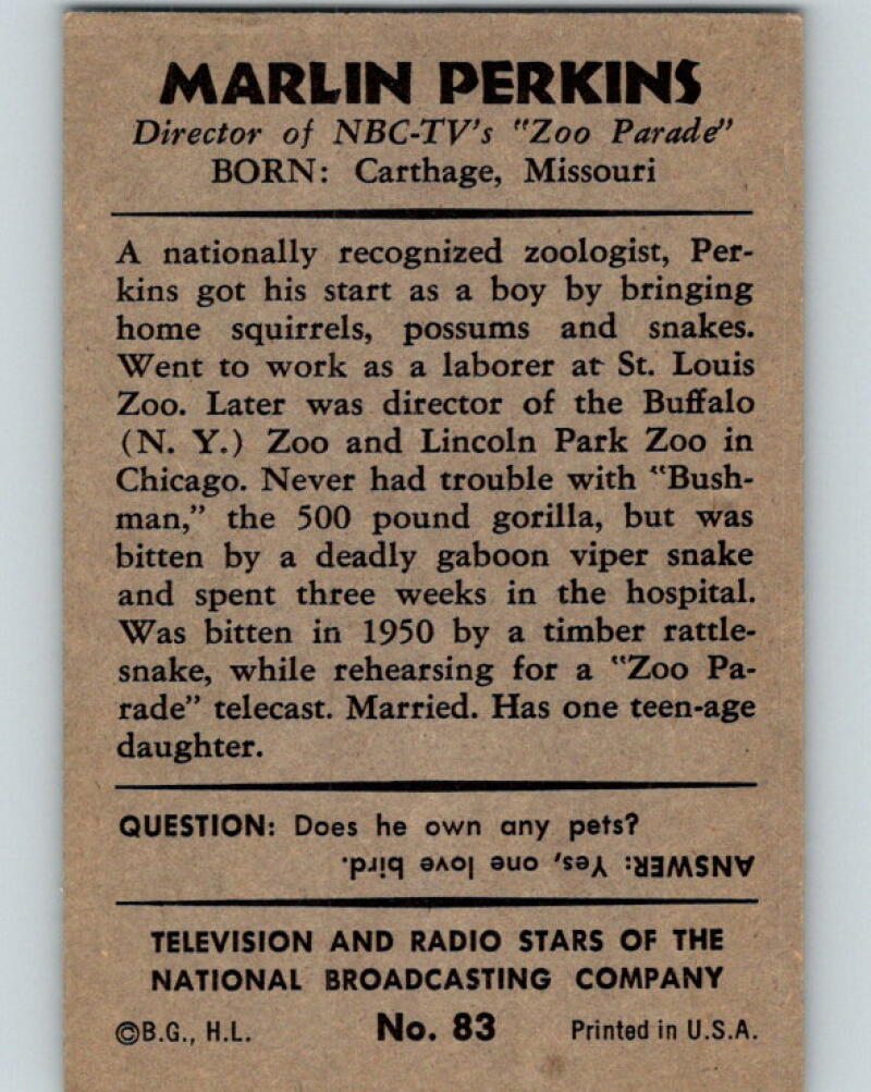 1953 Bowman Television and Radio Stars of the NBC #83 Marlin Perkins V5182