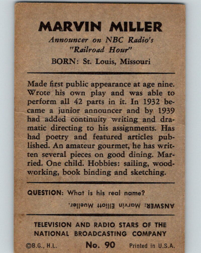 1953 Bowman Television and Radio Stars of the NBC #90 Marvin Miller V5184