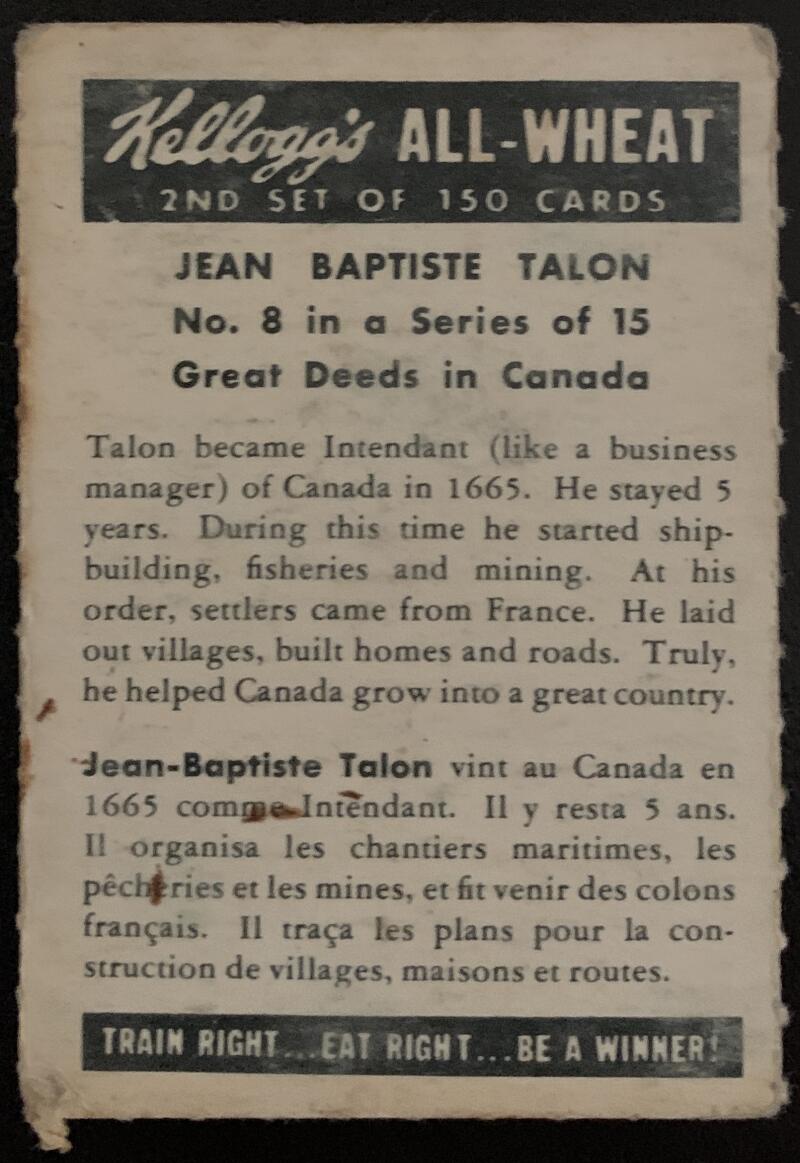1946 Kellogg's All-Weat #8 Jean Baptiste Talon Vintage Card V5190