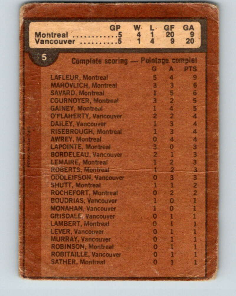 1975-76 O-Pee-Chee #5 Quarter Finals Canadiens/Canucks V5221