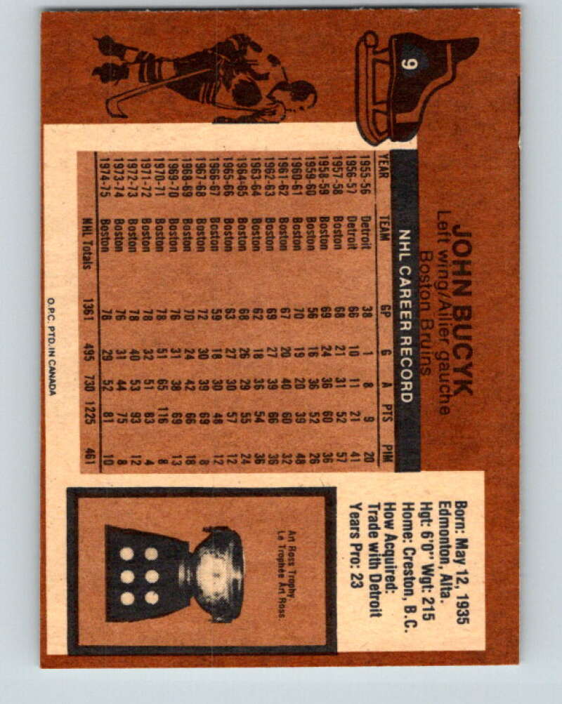 1975-76 O-Pee-Chee #9 Johnny Bucyk Boston Bruins V5237
