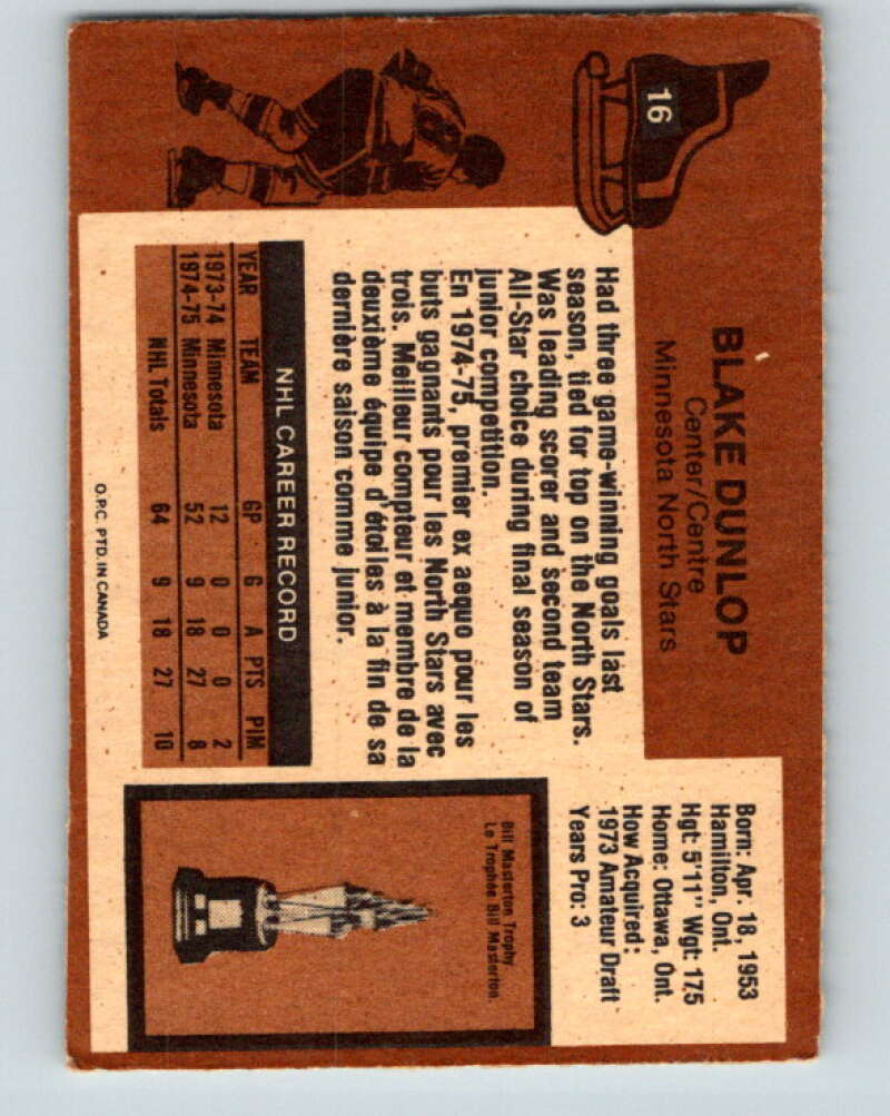 1975-76 O-Pee-Chee #16 Blake Dunlop Minnesota North Stars V5262