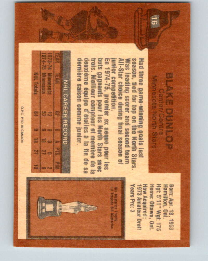 1975-76 O-Pee-Chee #16 Blake Dunlop Minnesota North Stars V5263