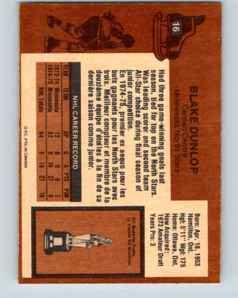 1975-76 O-Pee-Chee #16 Blake Dunlop Minnesota North Stars V5264