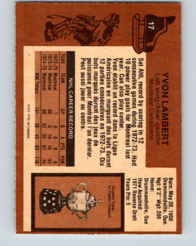 1975-76 O-Pee-Chee #17 Yvon Lambert Montreal Canadiens V5266