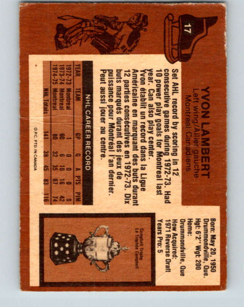 1975-76 O-Pee-Chee #17 Yvon Lambert Montreal Canadiens V5268