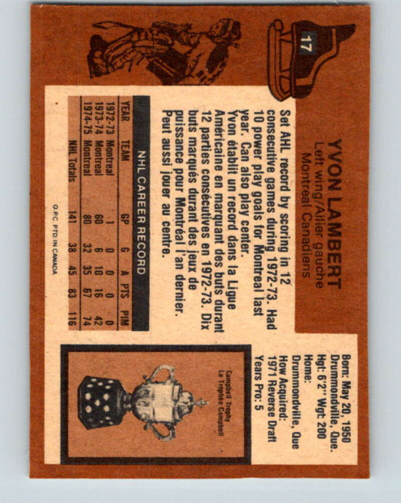 1975-76 O-Pee-Chee #17 Yvon Lambert Montreal Canadiens V5269
