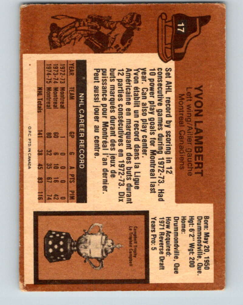 1975-76 O-Pee-Chee #17 Yvon Lambert Montreal Canadiens V5270