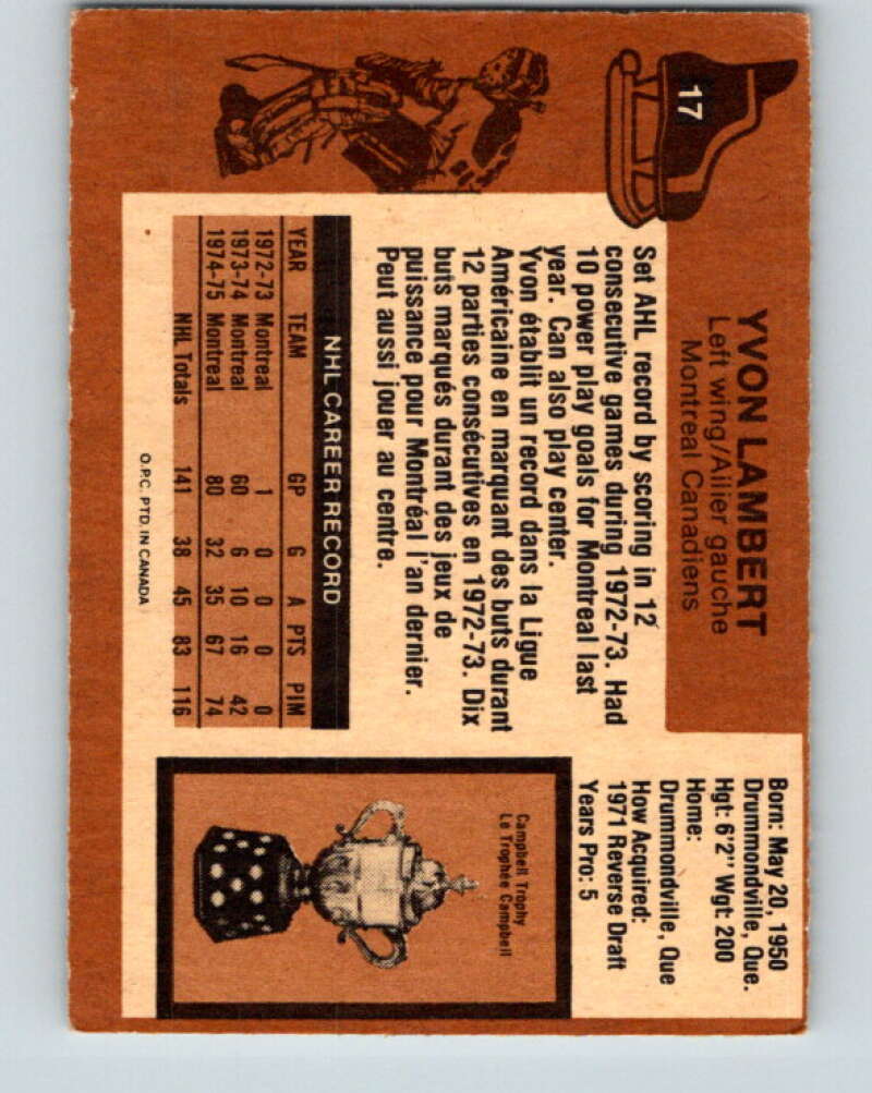 1975-76 O-Pee-Chee #17 Yvon Lambert Montreal Canadiens V5271